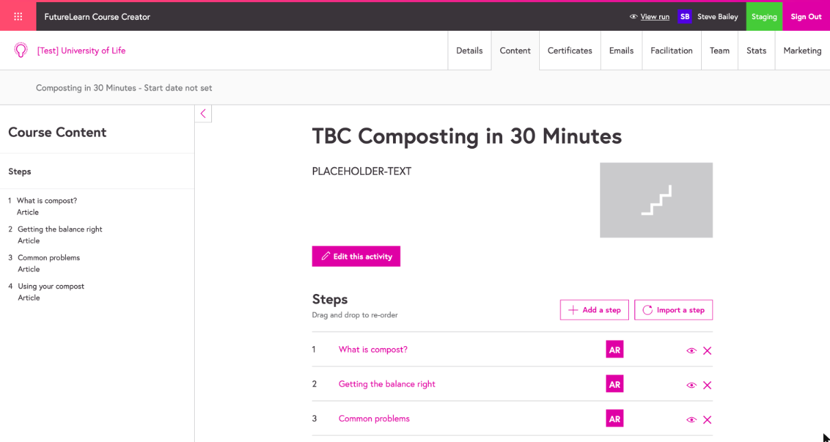 The content tab of a steps-only course in Course Creator. The left-hand navigation lists four steps, numbered 1 to 4, with no weeks or activities. The main area lists the same steps under Steps, with Add a step and Import a step buttons.
