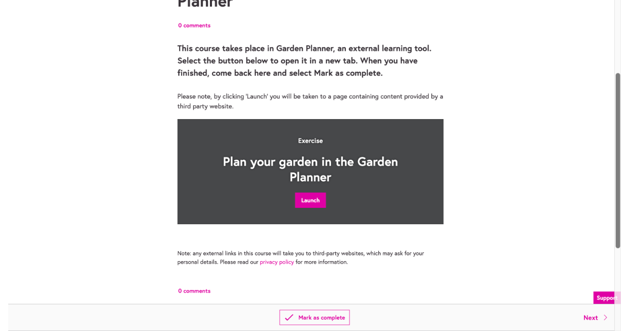 A remote course as learners see it. There are Conversations and Progress tabs at the top, with no To do tab and no left-hand navigation. Below them are the step title, a description saying the course takes place in an external tool, and the exercise with a Launch button.