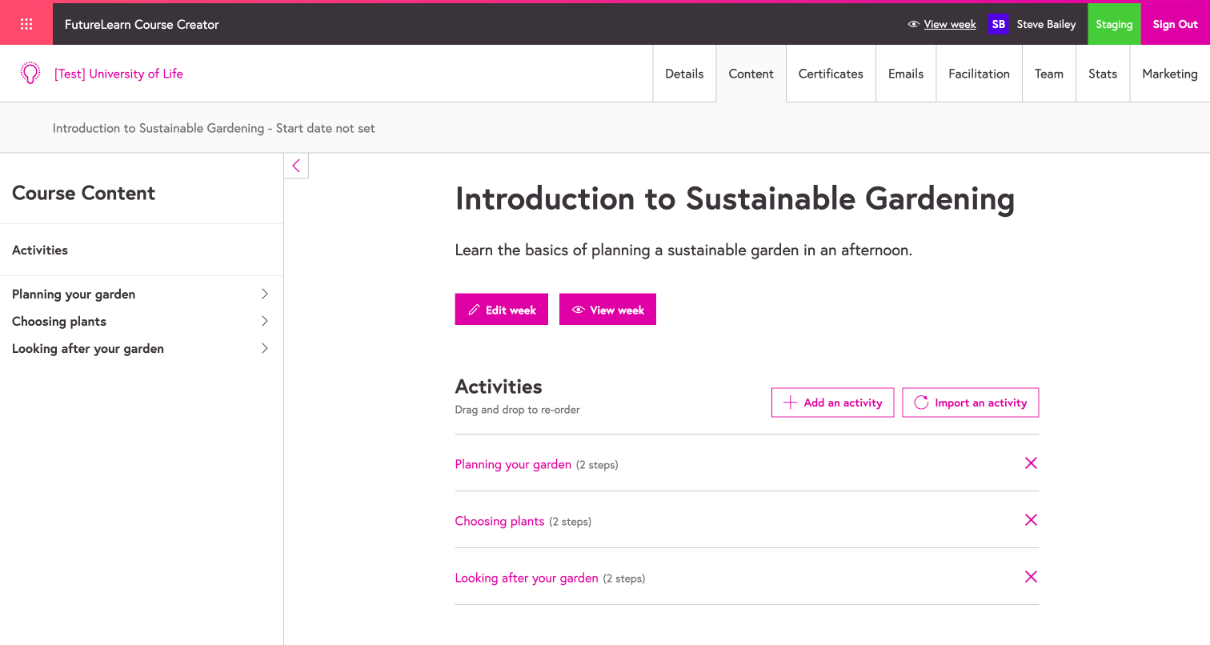 The content tab of a course without weeks in Course Creator. The left-hand navigation lists three activities with no weeks. The main area lists the activities with the number of steps in each, and has Add an activity and Import an activity buttons but no Add a week button