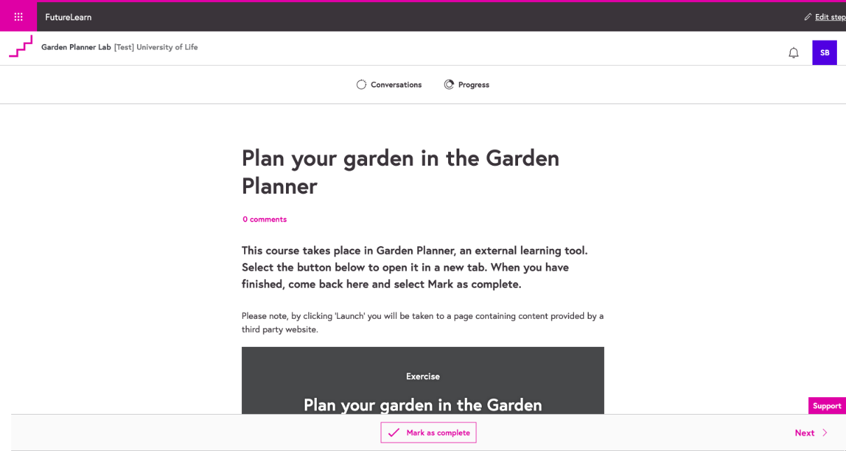 A remote course as learners see it. There are Conversations and Progress tabs at the top, with no To do tab and no left-hand navigation. Below them are the step title, a description saying the course takes place in an external tool, and the exercise with a Launch button.